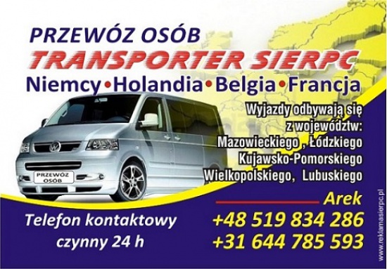 Przewóz osób, Sierpc, Busy do Holandii, Belgia, Niemcy, Francja